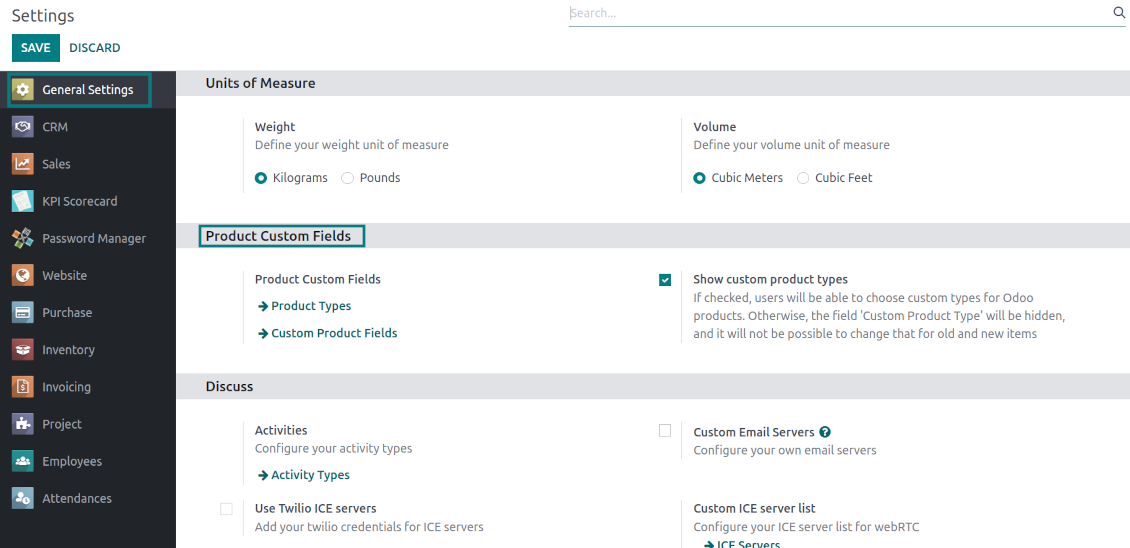 The configuration page for custom fields of products