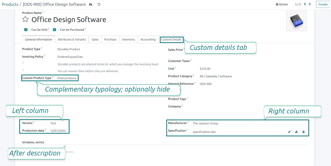 Customize properties of Odoo products