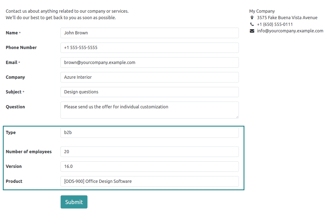 The website contact us form: custom fields