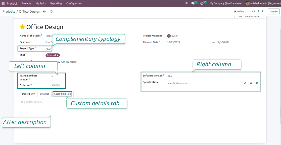 Customized form view of projects