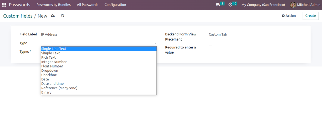 Custom fields for Odoo passwords