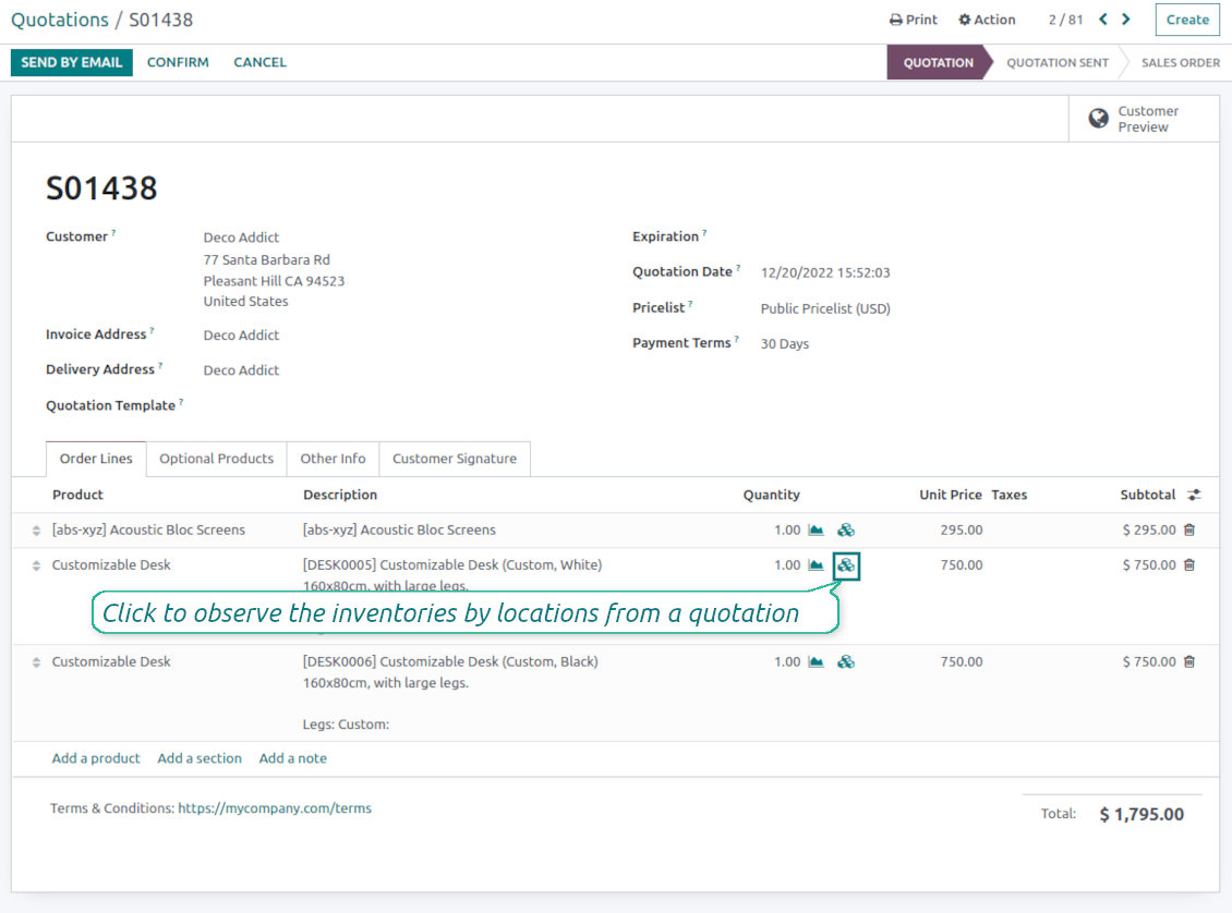 One click to observe inventories from a sale line
