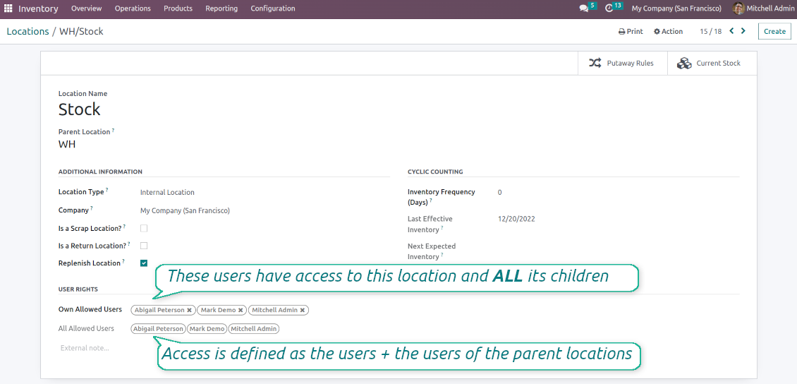 Odoo locations accepted users