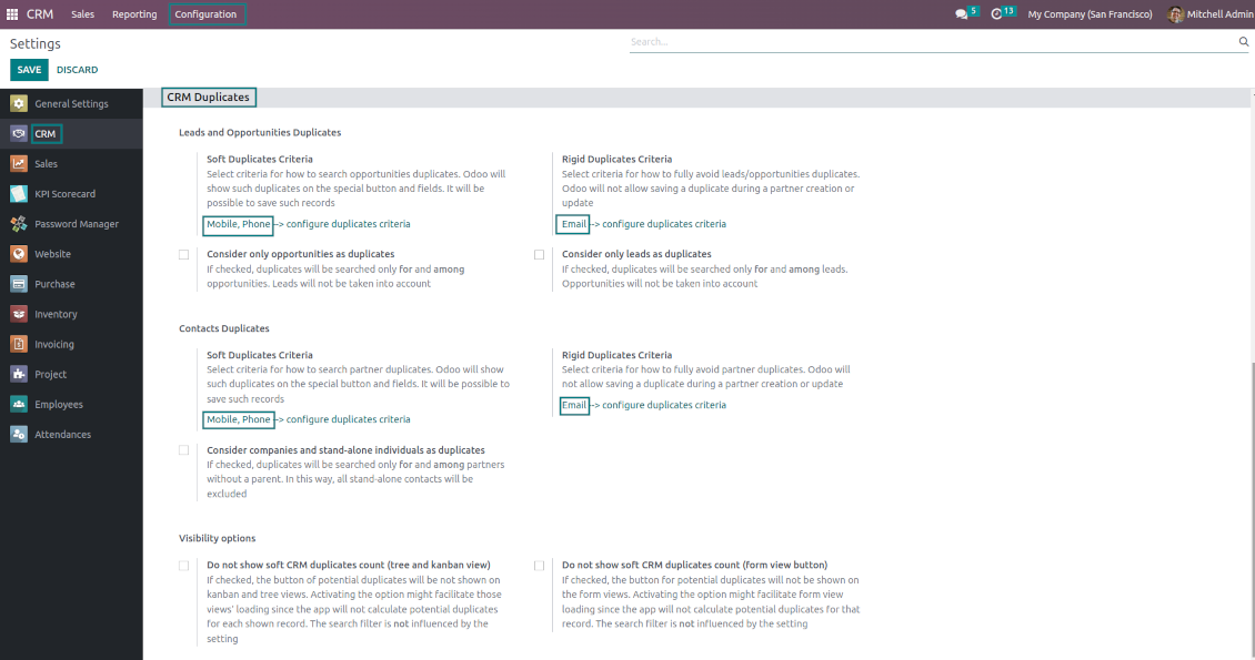 Odoo: configure soft and rigid criteria to search for duplicates