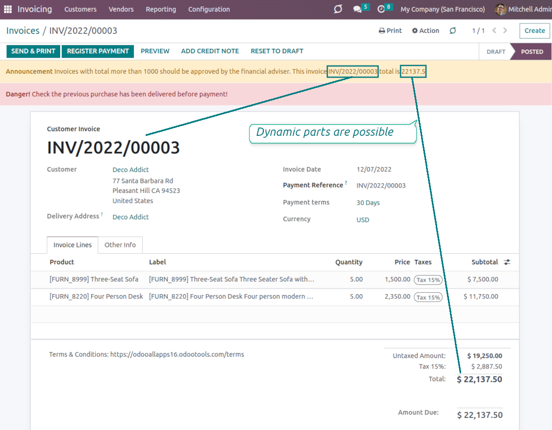 Odoo invoices warnings