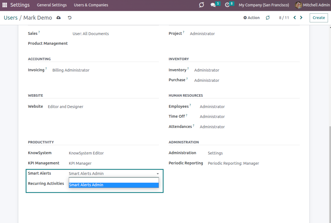 Odoo alarms: the security group
