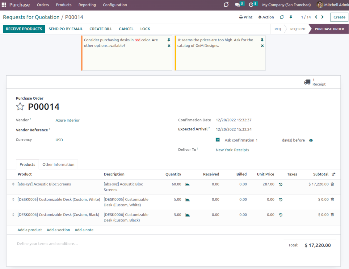 Odoo purchase order sticky notes