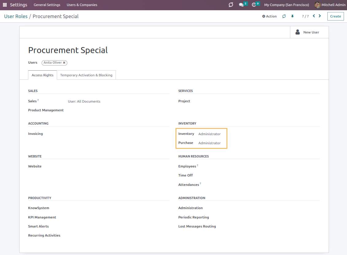 Odoo user roles
