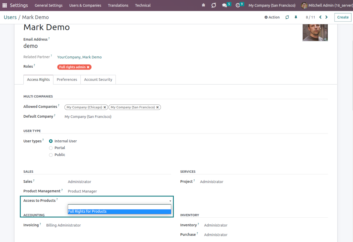 Access rights for Odoo products