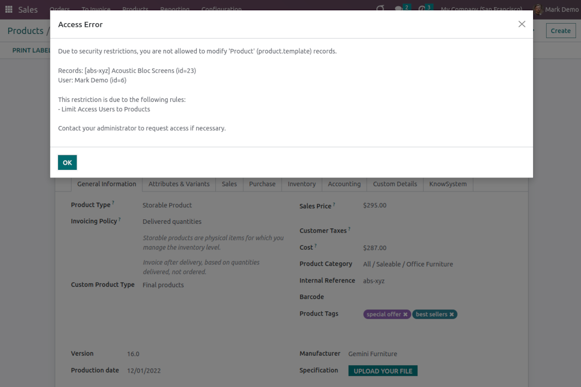 Odoo doesn't let simple users edit products