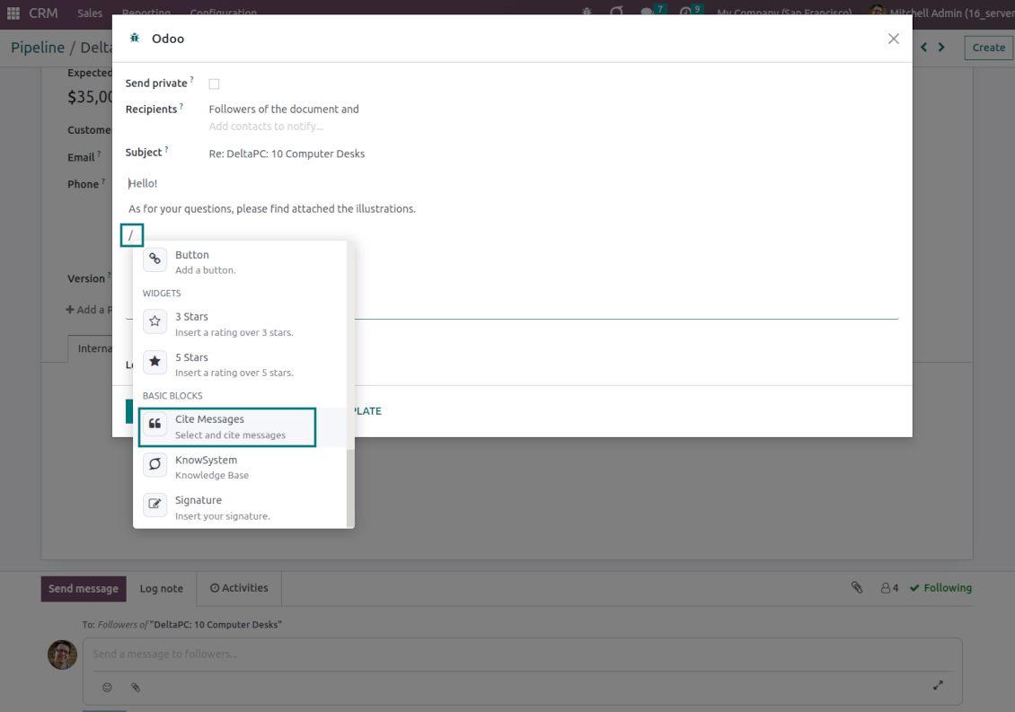 Odoo email composer quick link for citation