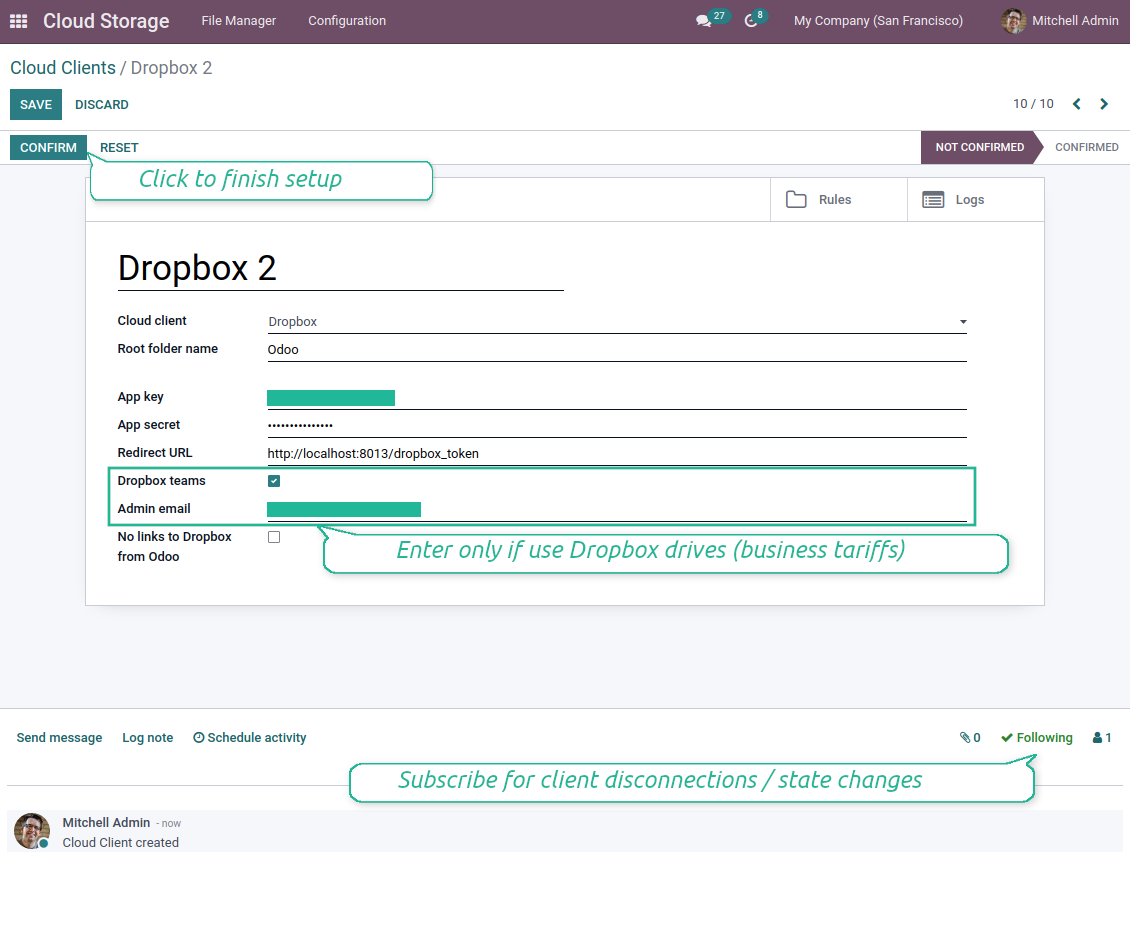 Odoo settings for Dropbox