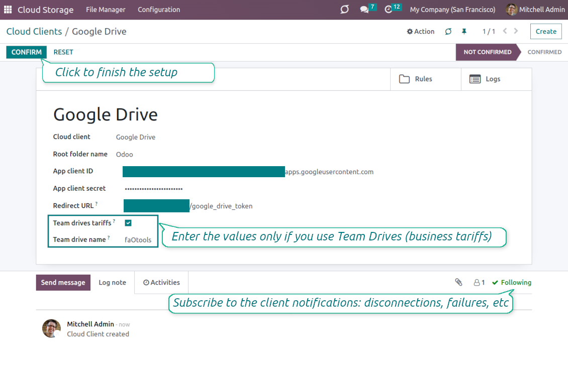Google app credentials in Odoo
