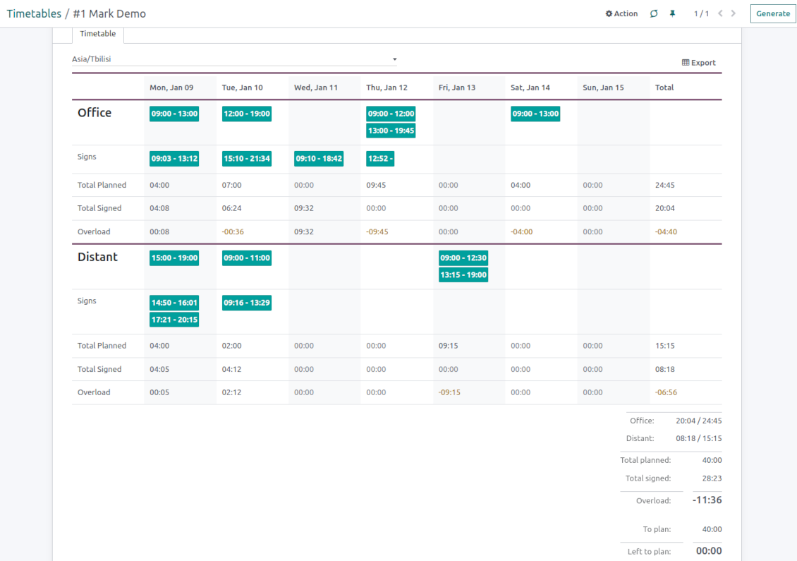 Odoo shifts for timetables