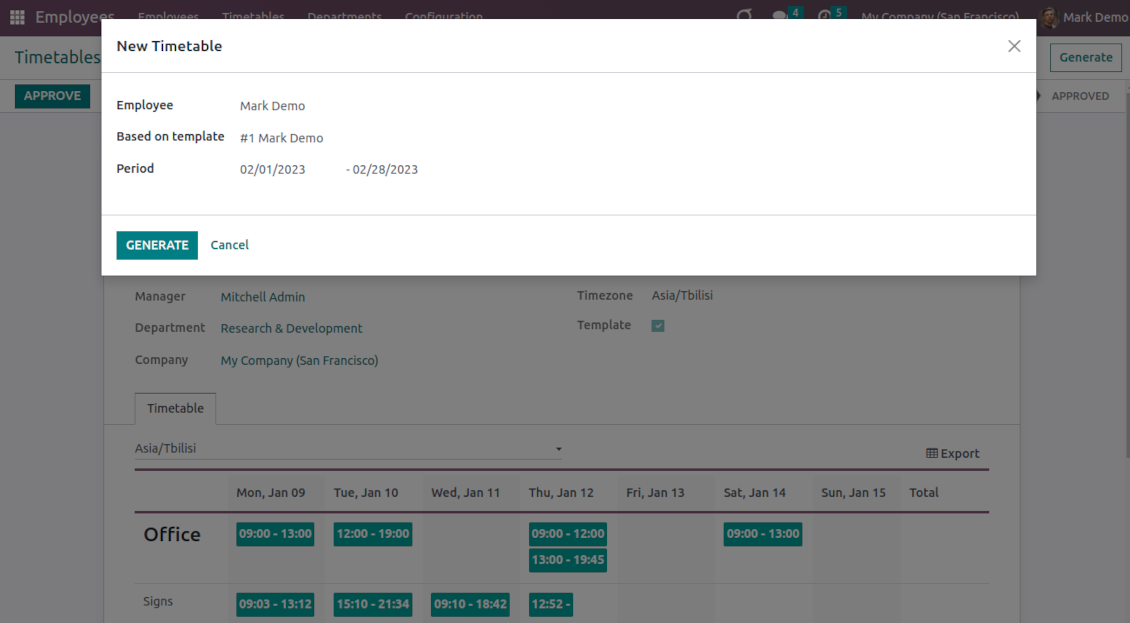 Odoo working shifts' templates