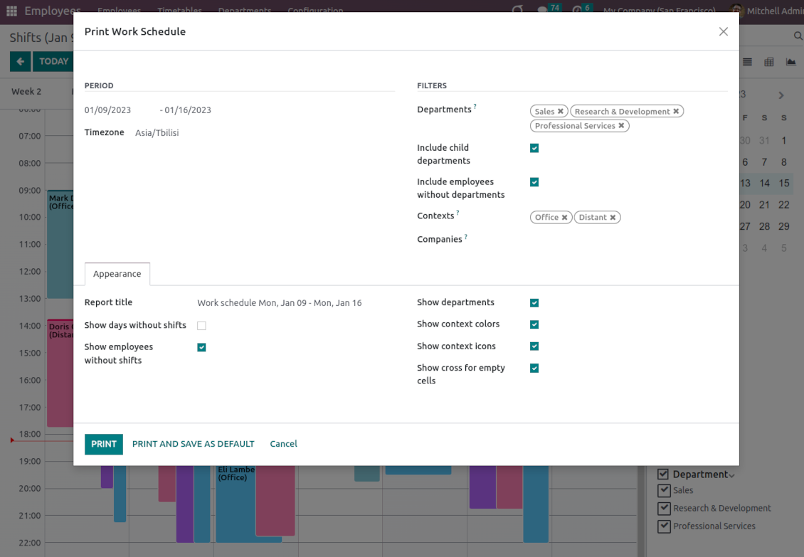 Odoo shifts scheduling wizard