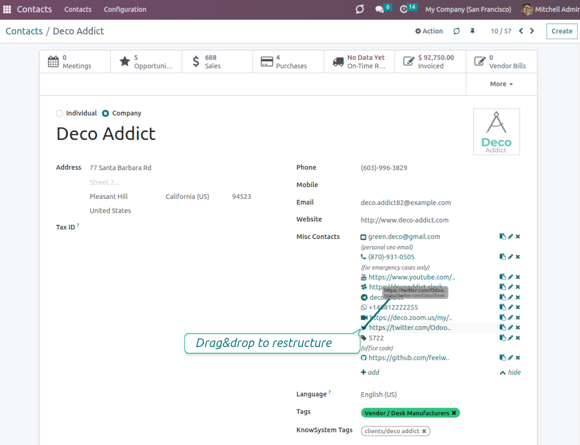 Drag and drop Odoo's contact details