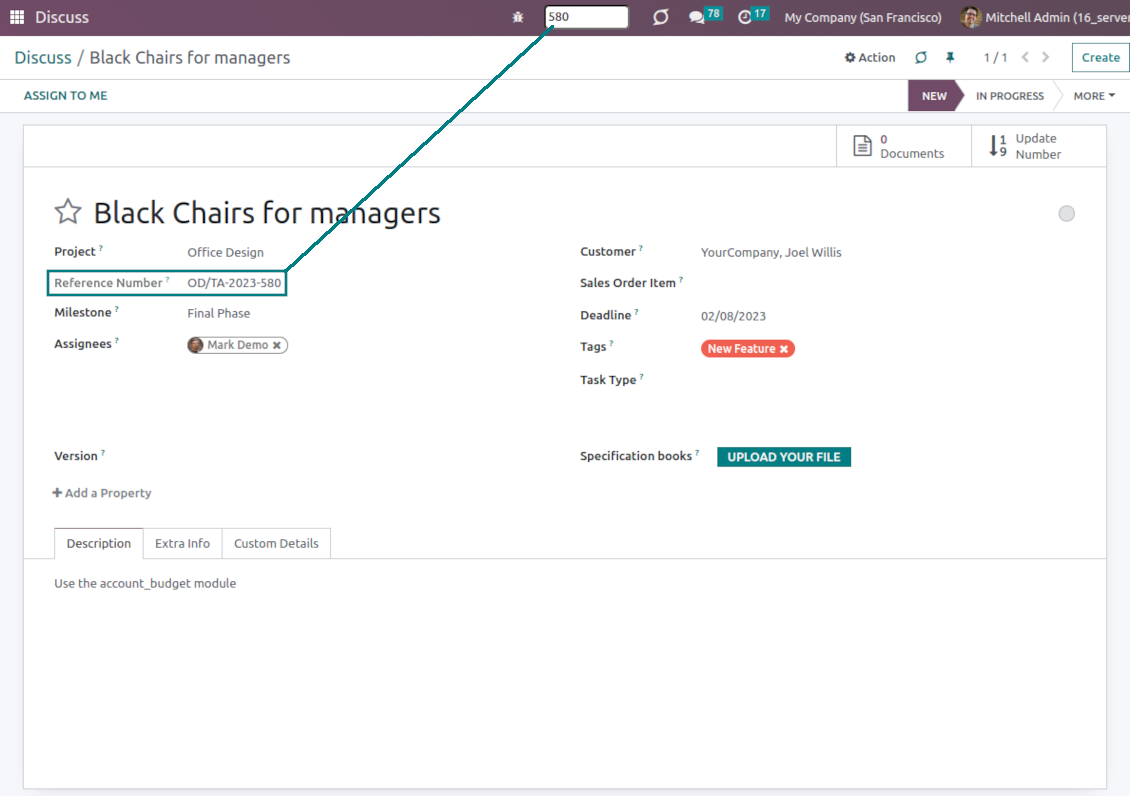 The quick search for Odoo tasks by number