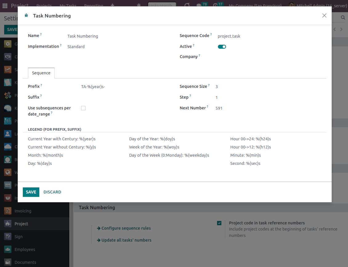 Project tasks: Odoo sequence