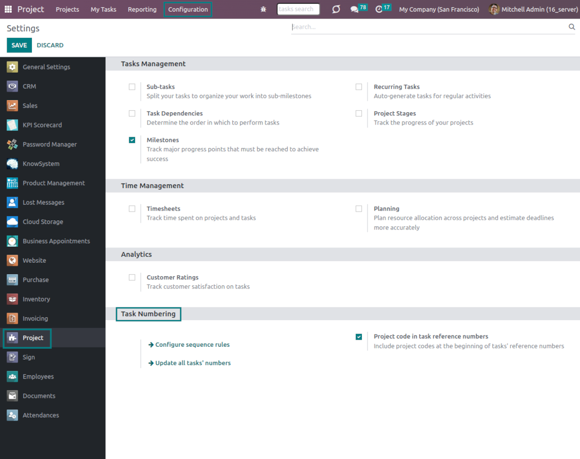 Odoo tasks' numbers configuration