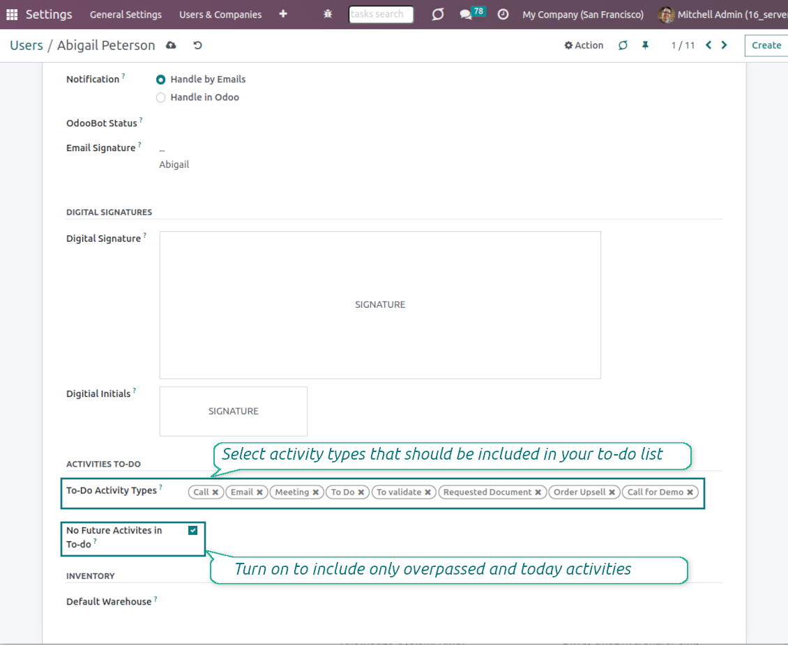 Activity types: Odoo user preferences