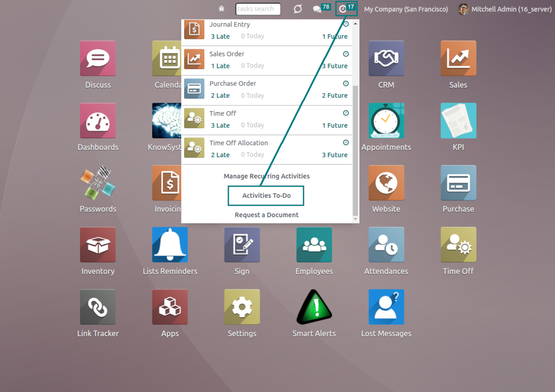 Odoo activities interface: shortcut