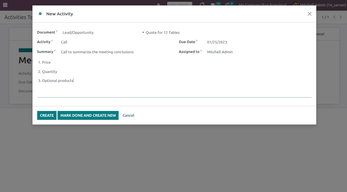 Odoo activities: create right from the to-do interface