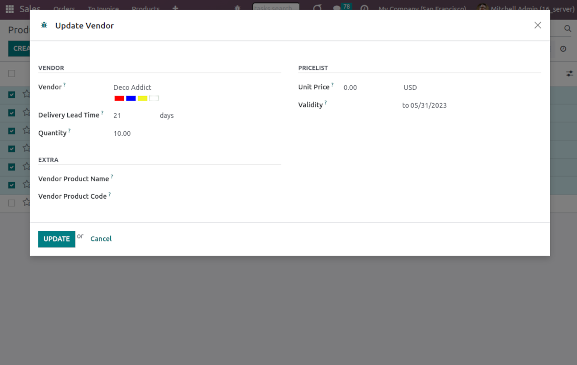 Odoo: edit suppliers of products