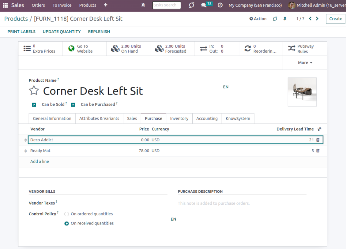 Odoo products: supplier info