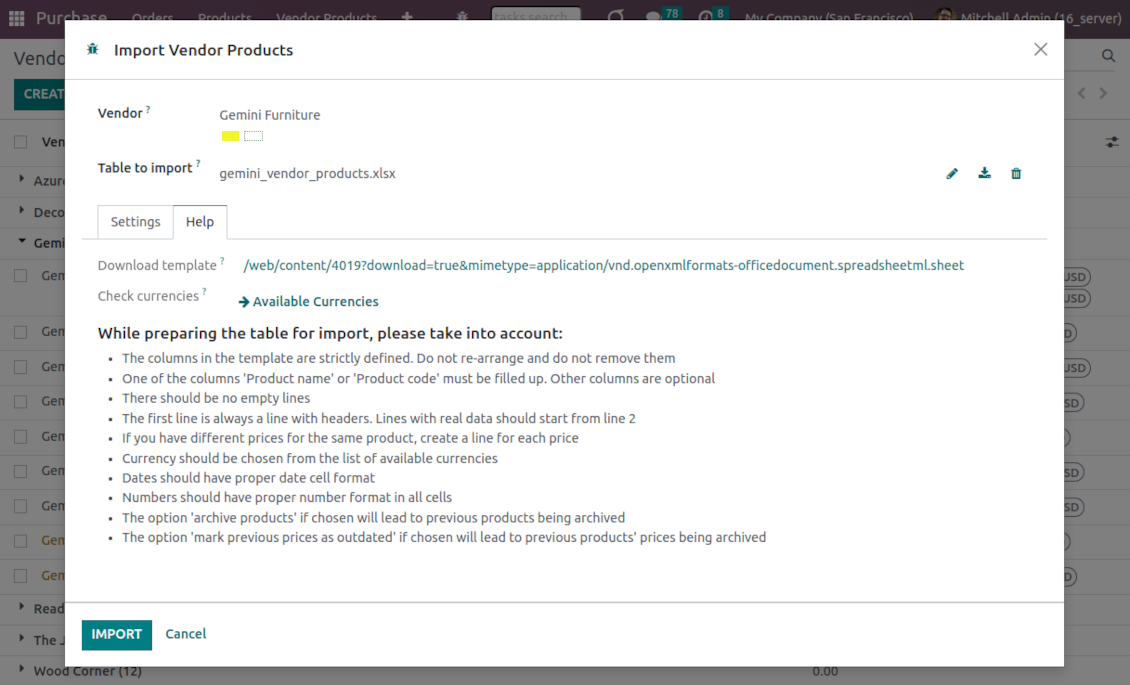 Help and hints for vendor prices import