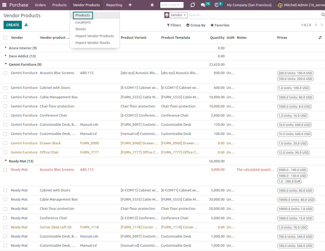 List of Odoo's supplier products