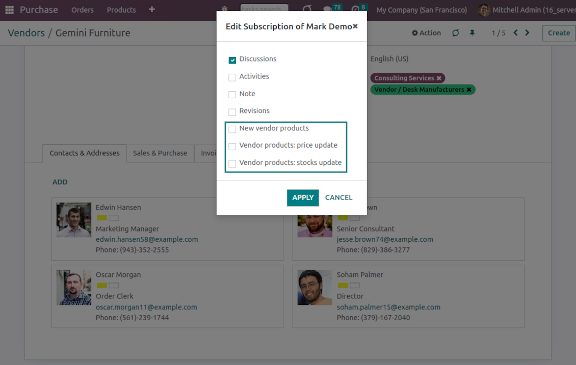 Odoo vendor product-related subscriptions
