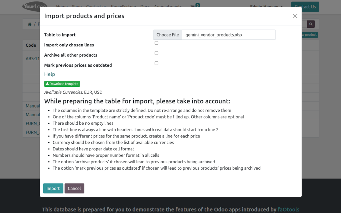 Portal supplier products' and prices' import