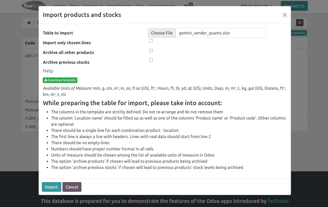 Supplier products' and stocks' portal import