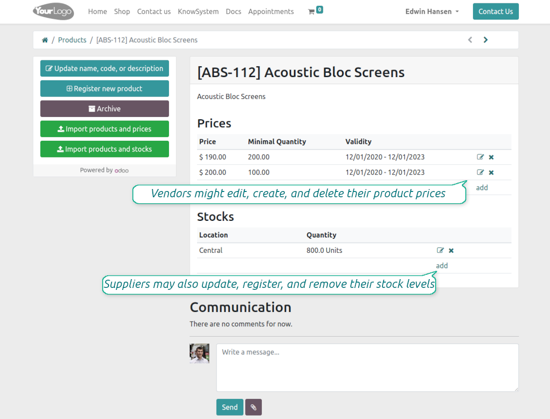 Odoo vendor portal: product card