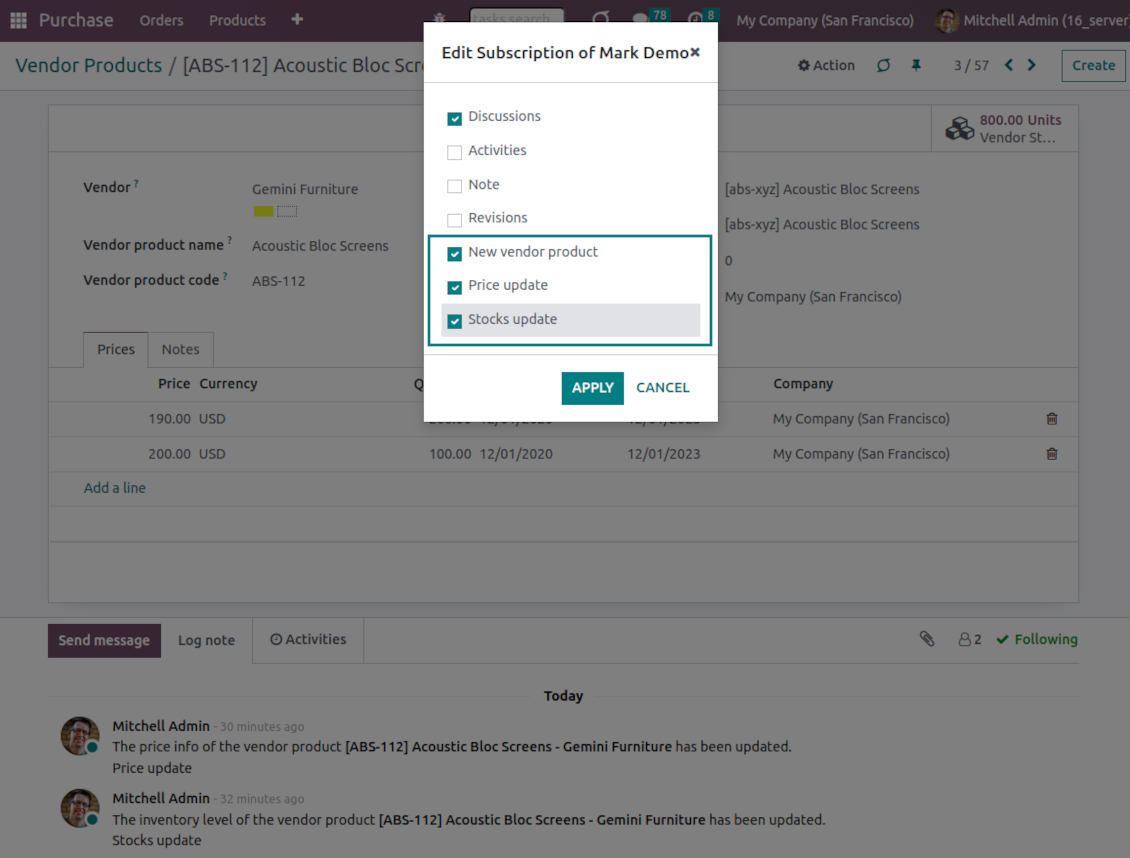 Vendor product subscriptions for prices and stocks