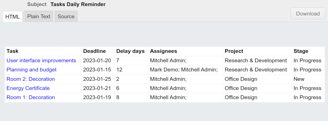 Odoo project task reminder
