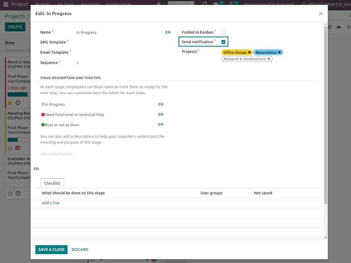 Project task stages for the reminder