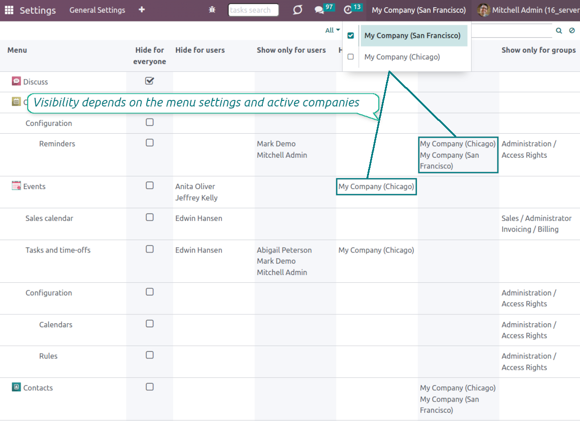 Hide/show menus for specific Odoo companies
