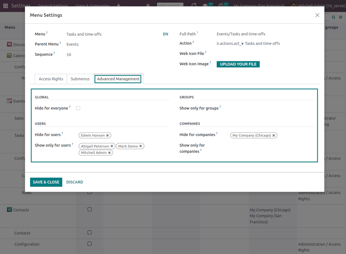 Standard Odoo menu settings