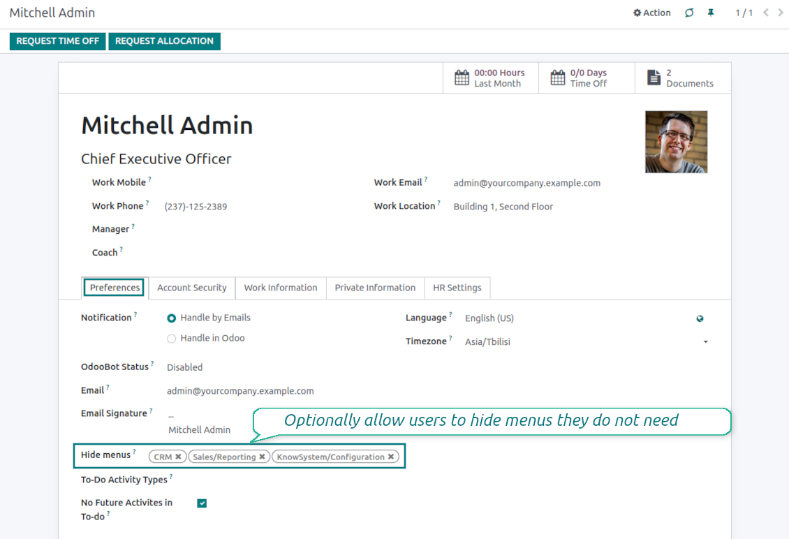 Odoo user menu preferences