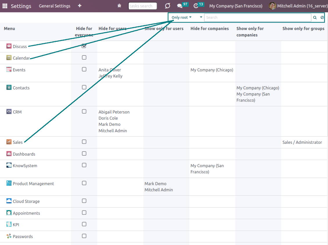 Odoo menu tree, search, and filters