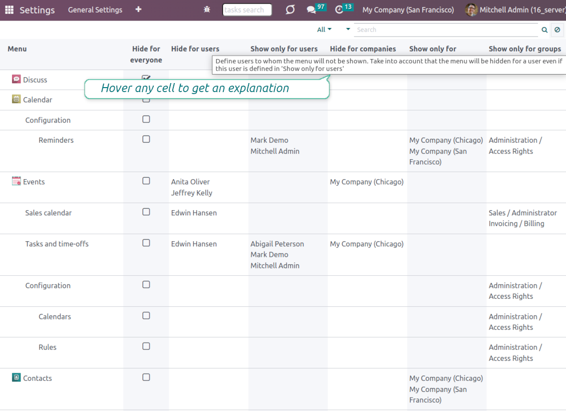 Hints and explanations for Odoo's menu settings