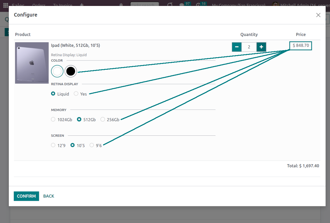 Odoo product configurator: attributes pricing