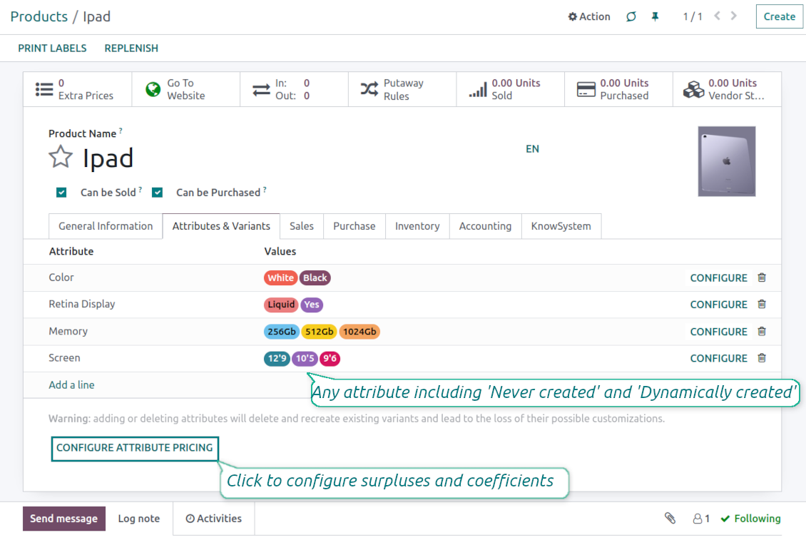 Odoo product template and attribute pricing configuration
