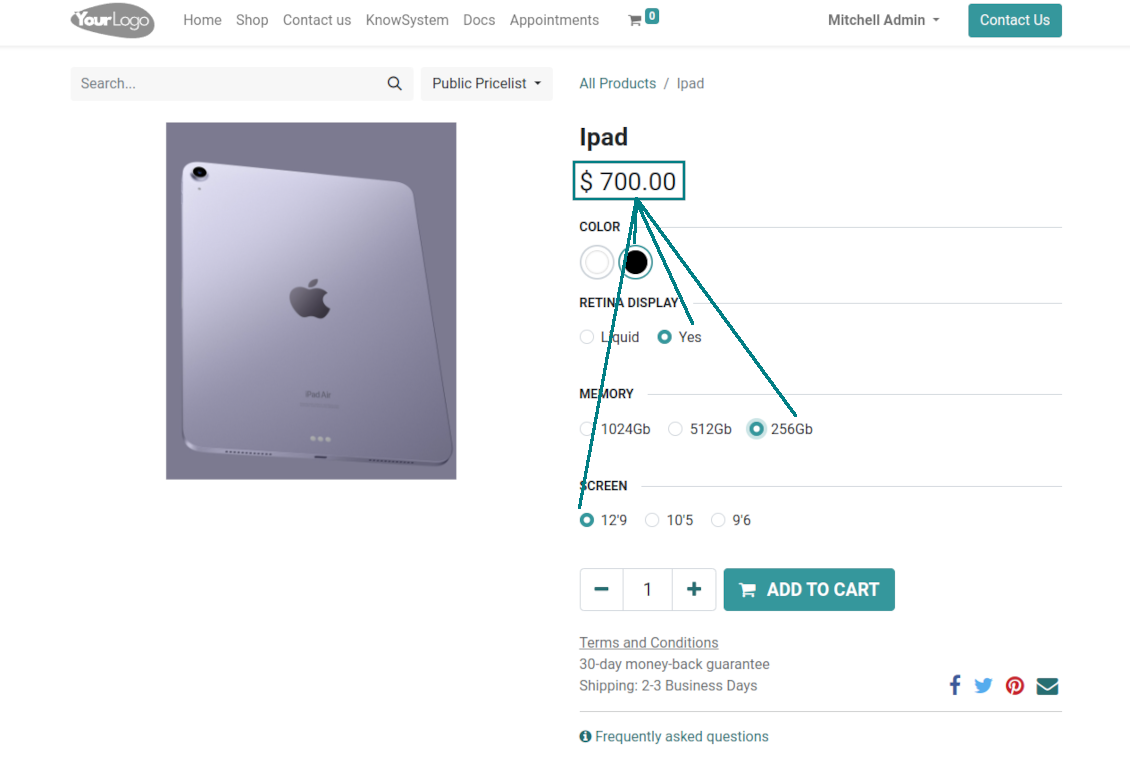 Odoo eCommerce price calculation