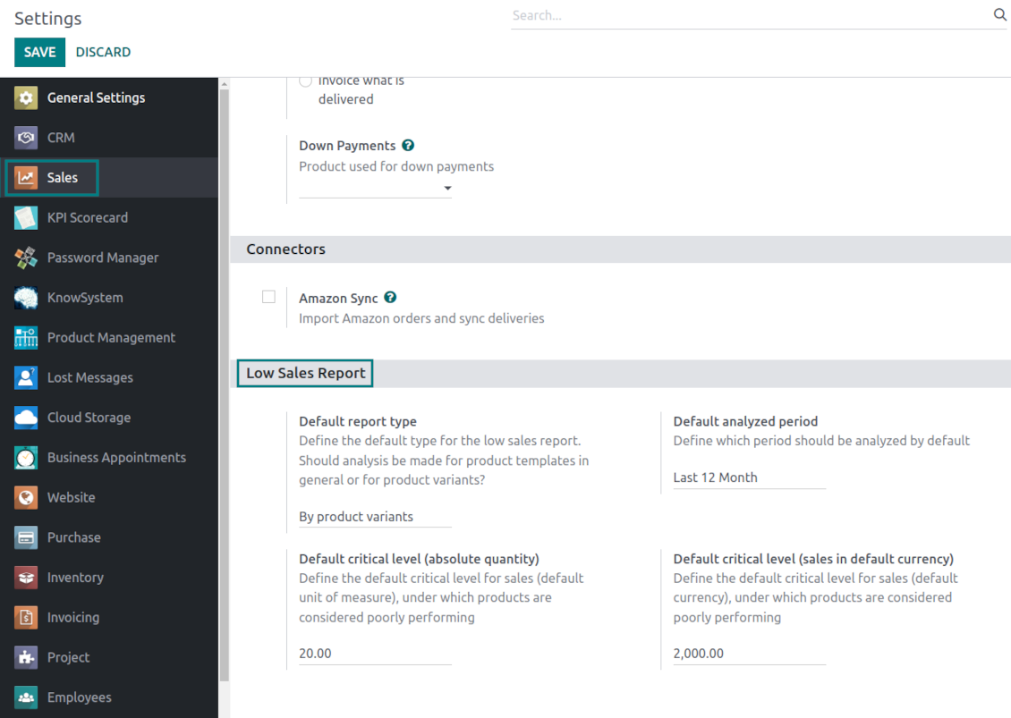Default values to generate an Odoo sales report