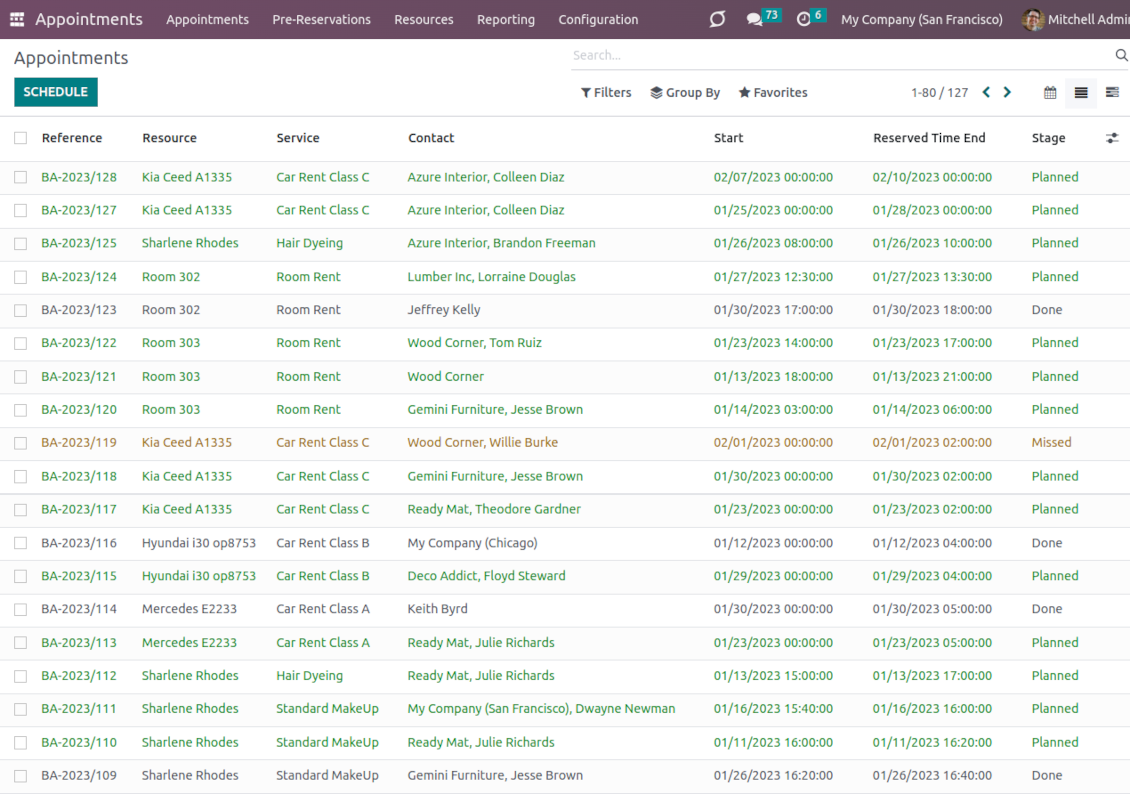 Bookings: Odoo list view