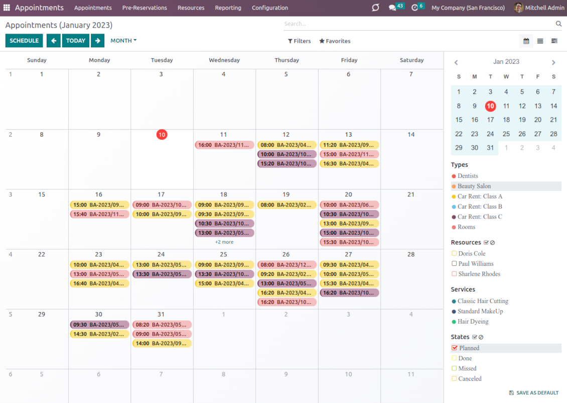 Appointments planning calendar in Odoo