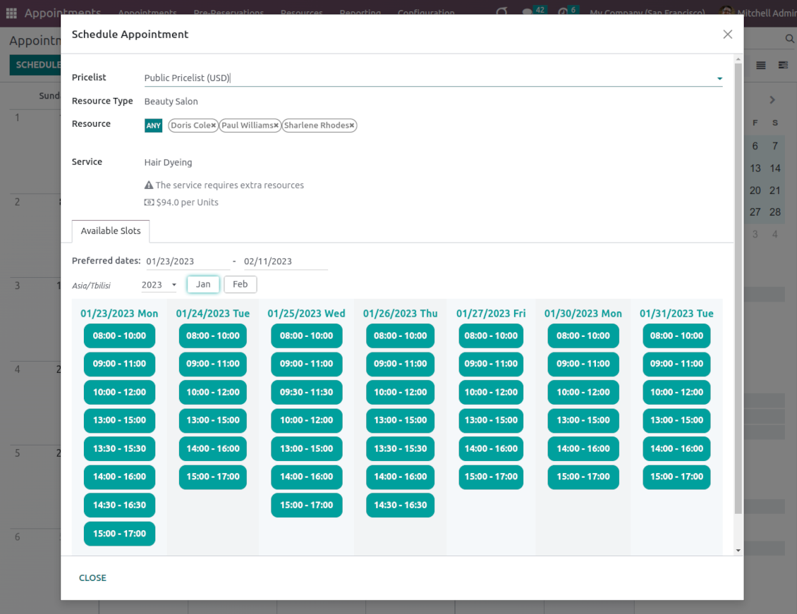Time slots for Odoo reservations